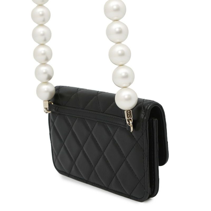 シャネル パールチェーンショルダーウォレット マトラッセ ココマーク ラムスキン AP1839 CHANEL 黒