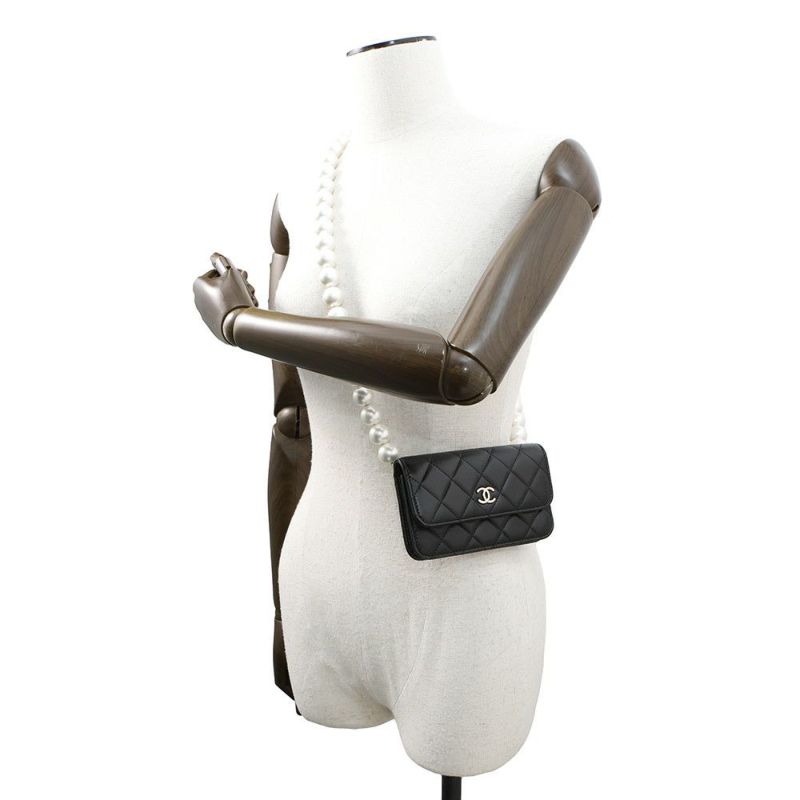 シャネル パールチェーンショルダーウォレット マトラッセ ココマーク ラムスキン AP1839 CHANEL 黒
