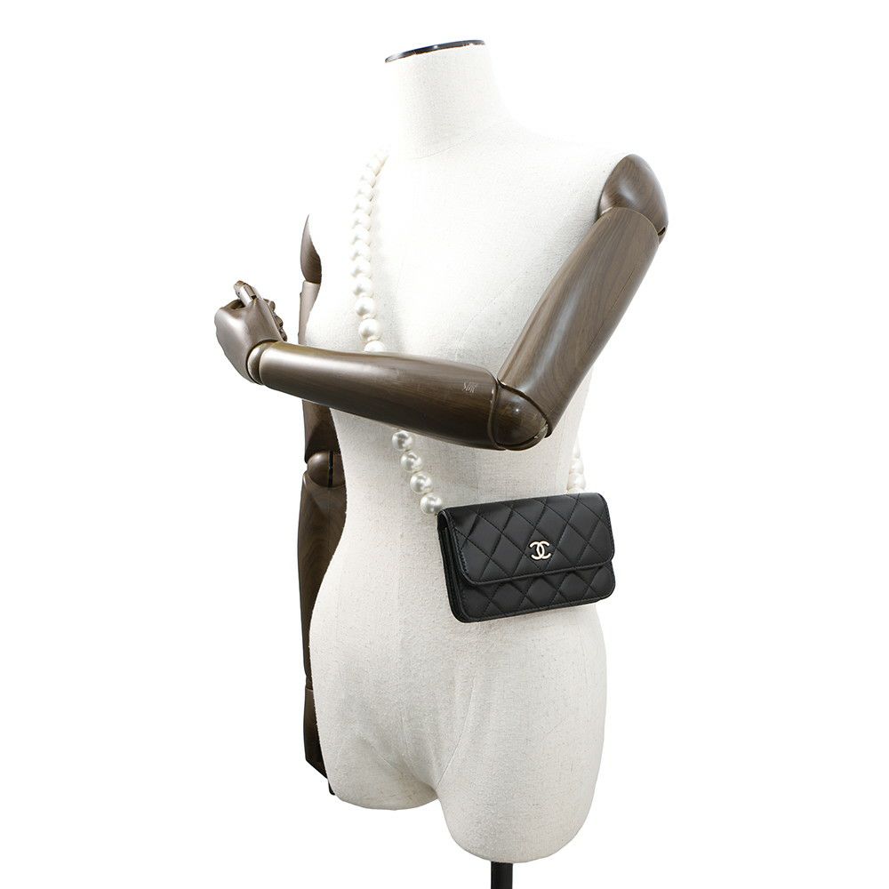 シャネル パールチェーンショルダーウォレット マトラッセ ココマーク ラムスキン AP1839 CHANEL 黒