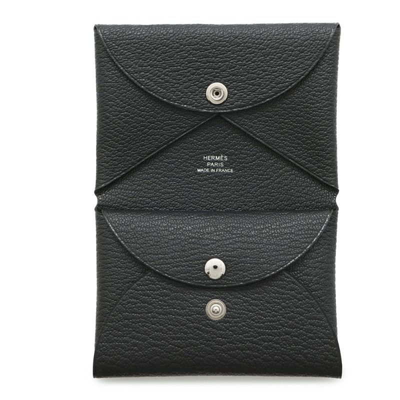 エルメス コインケース カルヴィ デュオ ブラック/シルバー金具 シェブルミゾル B刻印 HERMES シェーブル 黒