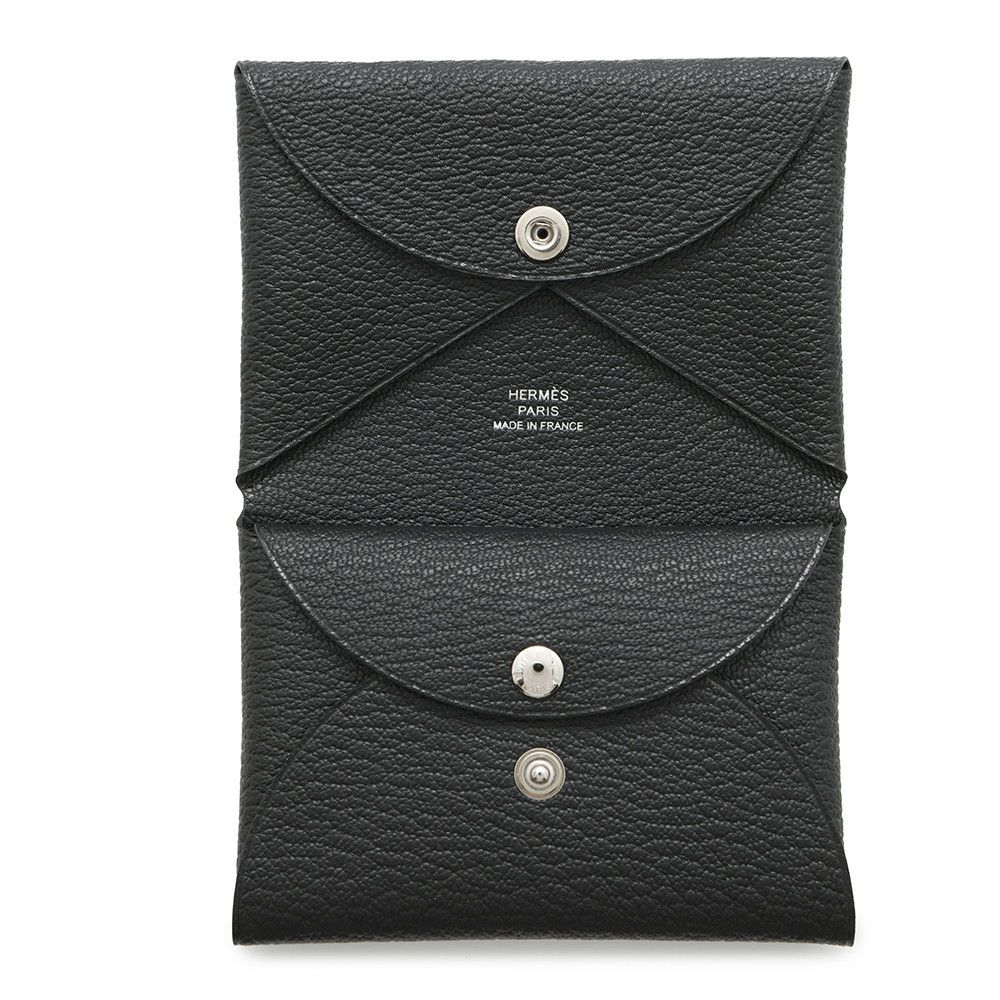 エルメス コインケース カルヴィ デュオ ブラック/シルバー金具 シェブルミゾル B刻印 HERMES シェーブル 黒