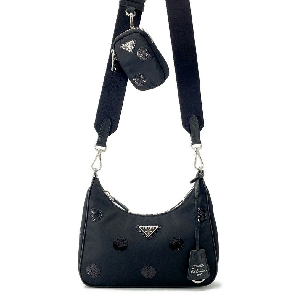 プラダ ショルダーバッグ Re-Edition 2005 Re-Nylon ポルカドット ナイロン スパンコール 1BH204 PRADA 2way 黒