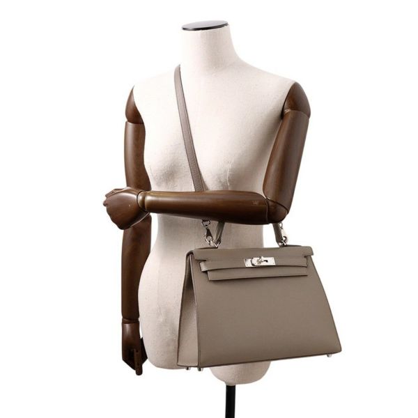 エルメス ハンドバッグ ケリー28 外縫い エタン/シルバー金具 エプソン U刻印 HERMES Kelly 2wayバッグ