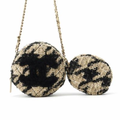 シャネル チェーンショルダーバッグ ココマーク ラウンド 千鳥柄 ツイード ボア AP0986 CHANEL バッグ 黒 安心保証