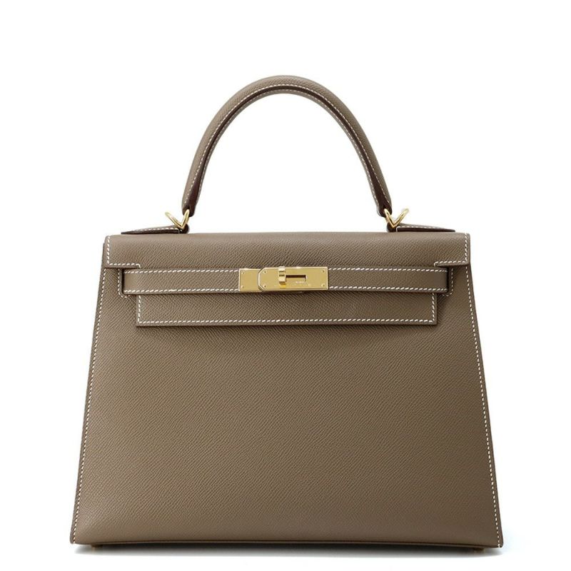 エルメス ハンドバッグ ケリー28 外縫い エトゥープ/ゴールド金具 エプソン B刻印 2wayショルダー