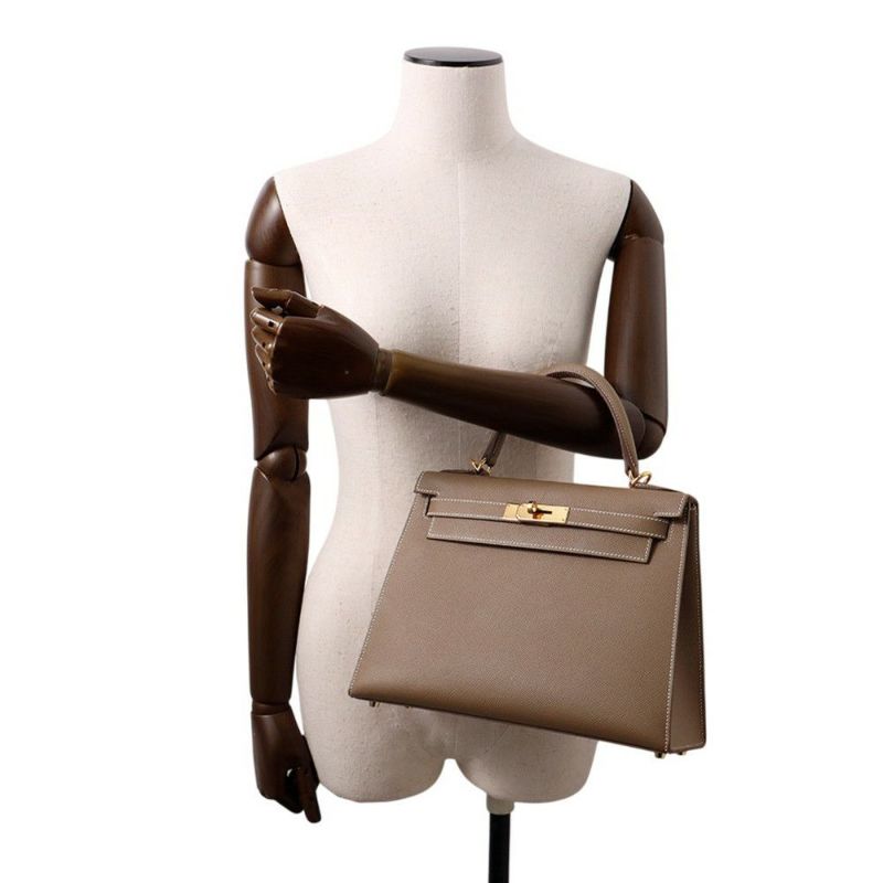 エルメス ハンドバッグ ケリー28 外縫い エトゥープ/ゴールド金具 エプソン B刻印 2wayショルダー