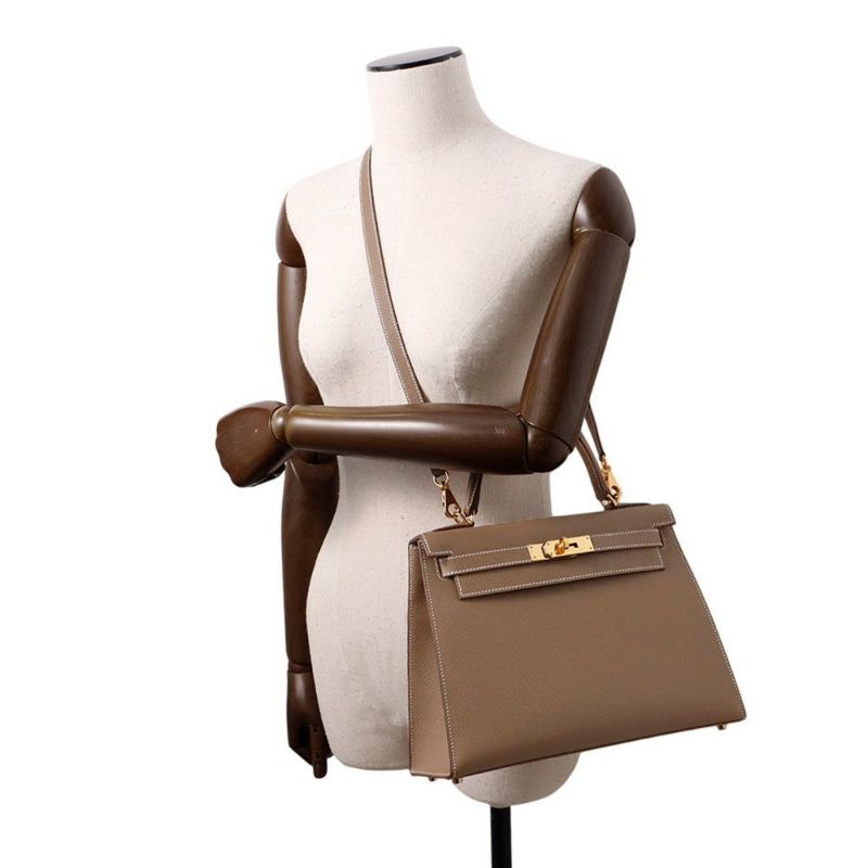 エルメス ハンドバッグ ケリー28 外縫い エトゥープ/ゴールド金具 エプソン B刻印 2wayショルダー