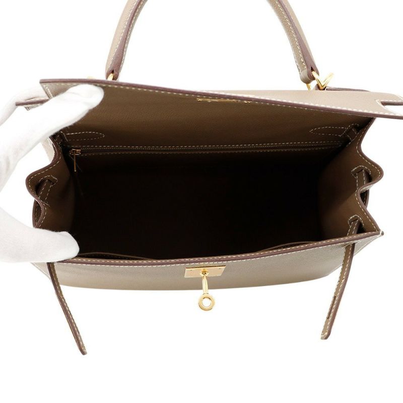 エルメス ハンドバッグ ケリー28 外縫い エトゥープ/ゴールド金具 エプソン B刻印 2wayショルダー