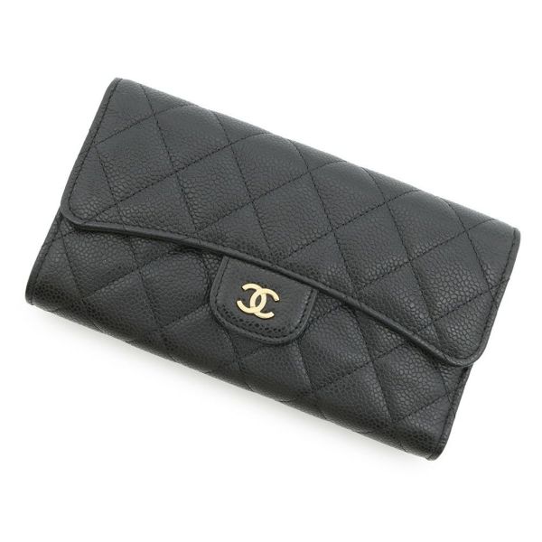 シャネル 長財布 クラシック ロング フラップ ウォレット マトラッセ ココマーク キャビアスキン CHANEL 三つ折り財布 黒