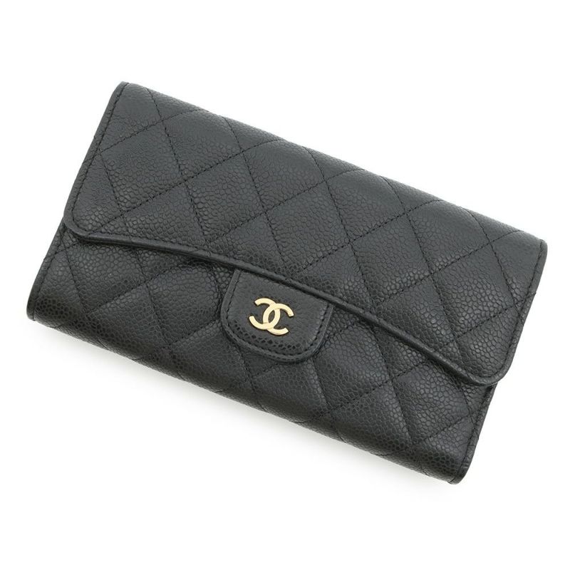 シャネル 長財布 クラシック ロング フラップ ウォレット マトラッセ ココマーク キャビアスキン CHANEL 三つ折り財布 黒