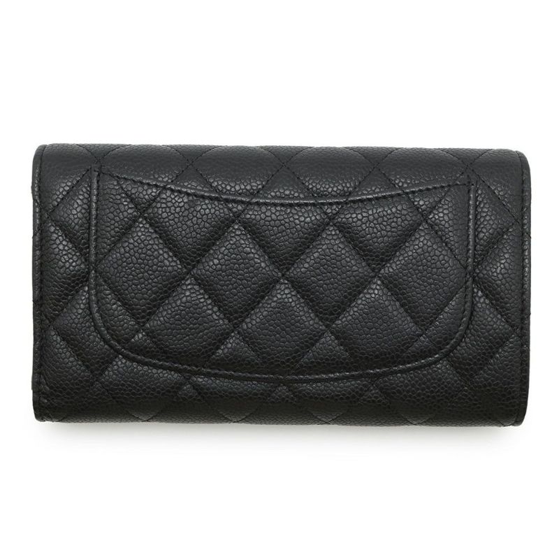 シャネル 長財布 クラシック ロング フラップ ウォレット マトラッセ ココマーク キャビアスキン CHANEL 三つ折り財布 黒