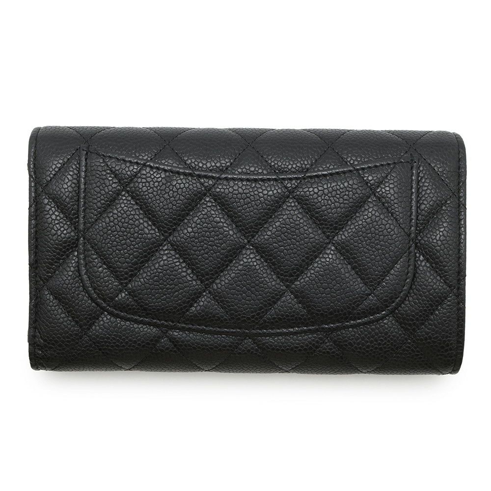 シャネル 長財布 クラシック ロング フラップ ウォレット マトラッセ ココマーク キャビアスキン CHANEL 三つ折り財布 黒