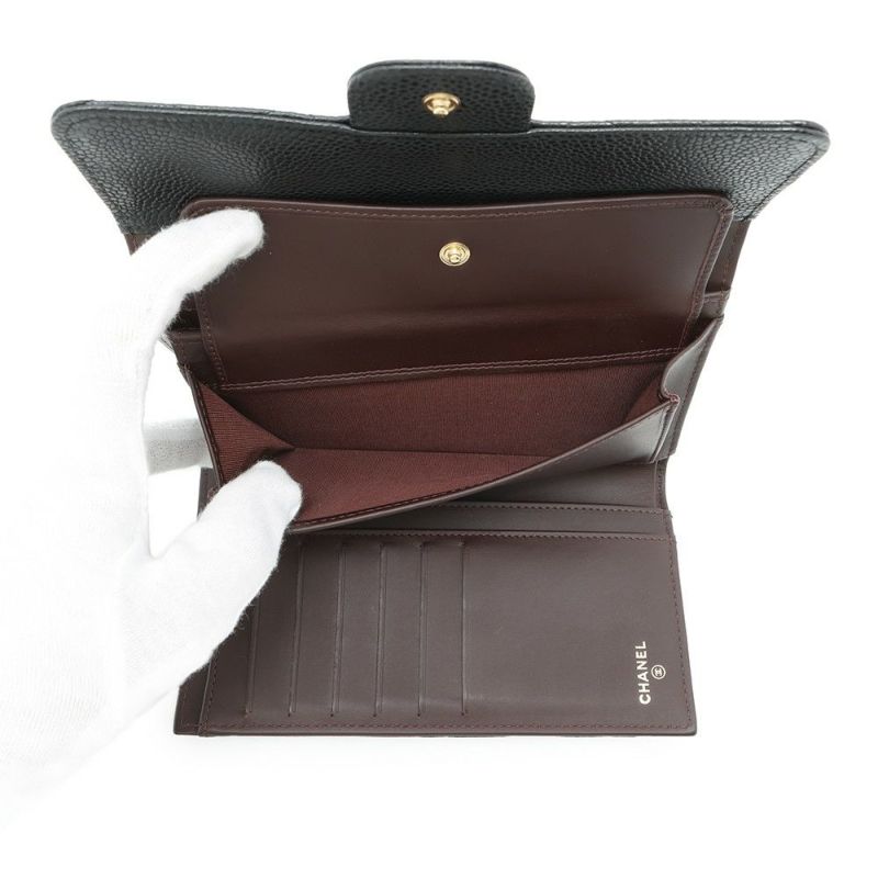 シャネル 長財布 クラシック ロング フラップ ウォレット マトラッセ ココマーク キャビアスキン CHANEL 三つ折り財布 黒