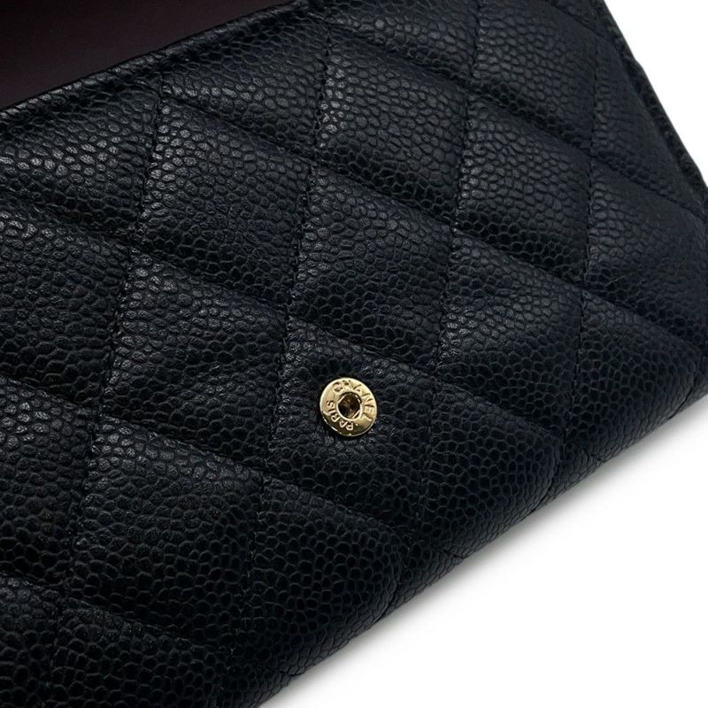 シャネル 長財布 クラシック ロング フラップ ウォレット マトラッセ ココマーク キャビアスキン CHANEL 三つ折り財布 黒