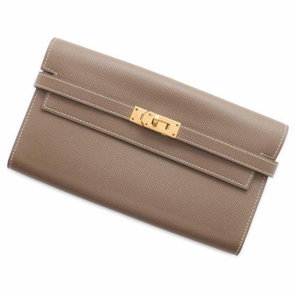 美品 エルメス ヴォーエプソン ケリーウォレット 長財布 エトゥープ レディース エルメス 長財布 ケリーウォレット ロング エトゥープ/ゴールド