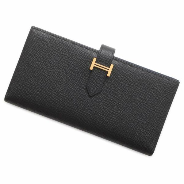 エルメス 長財布 ベアンスフレ ヴェルソ マチ有り ブラック/ブルーネイビー/ゴールド金具 ヴォーエプソン W刻印 黒