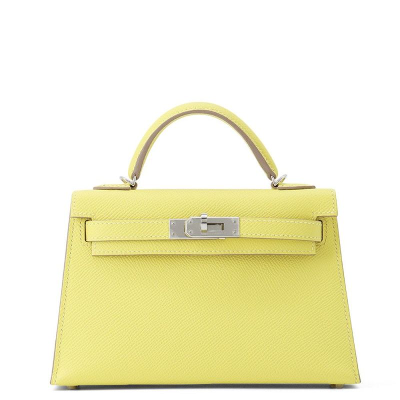 エルメス ハンドバッグ ミニケリー 外縫い ライム/シルバー金具 エプソン B刻印 HERMES Kelly 2wayバッグ