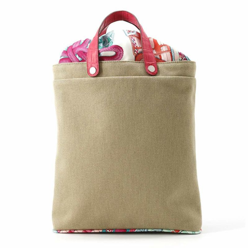 エルメス トートバッグ プティアッシュ ベージュ/ピンク/シルバー金具 トワルアッシュ/クロコ/シルク