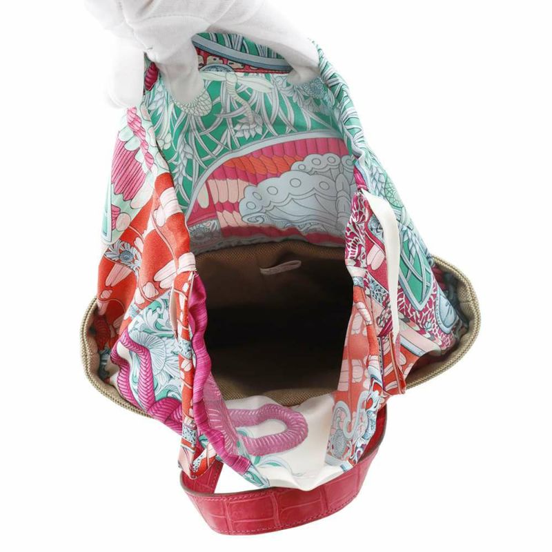 エルメス トートバッグ プティアッシュ ベージュ/ピンク/シルバー金具 トワルアッシュ/クロコ/シルク