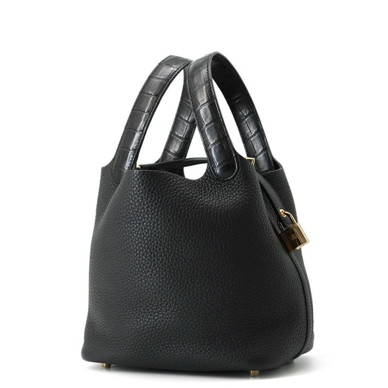 エルメス ハンドバッグ ピコタンロックPM タッチ ブラック/ゴールド金具 トリヨンクレマンス/アリゲーターマット U刻印 黒