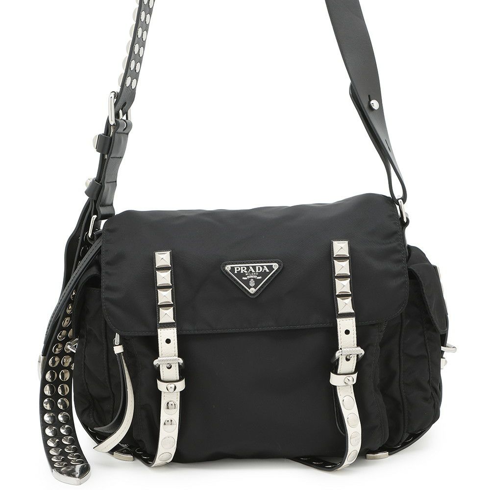 プラダ ショルダーバッグ スタッズ ナイロン レザー 1BD118 PRADA 斜め 