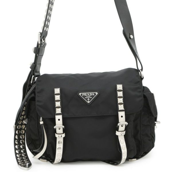 プラダ ショルダーバッグ スタッズ ナイロン レザー 1BD118 PRADA 斜め掛け 黒