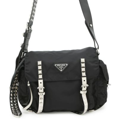 PRADA プラダ ワンショルダーバッグ ナイロン レザー ブラック プラダ ショルダーバッグ スタッズ ナイロン レザー 1BD118