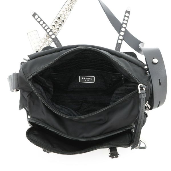 プラダ ショルダーバッグ スタッズ ナイロン レザー 1BD118 PRADA 斜め掛け 黒