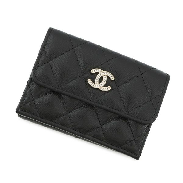 シャネル 三つ折り財布 マトラッセ ココマーク スモール フラップ キャビアスキン/ラインストーン AP3518 CHANEL 黒