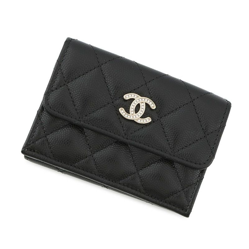 シャネル 三つ折り財布 マトラッセ ココマーク スモール フラップ キャビアスキン/ラインストーン AP3518 CHANEL 黒