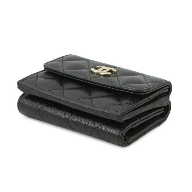 シャネル 三つ折り財布 マトラッセ ココマーク スモール フラップ キャビアスキン/ラインストーン AP3518 CHANEL 黒