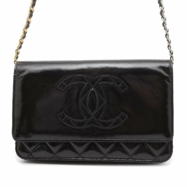 シャネル チェーンウォレット ココマーク パテント CHANEL 財布 黒