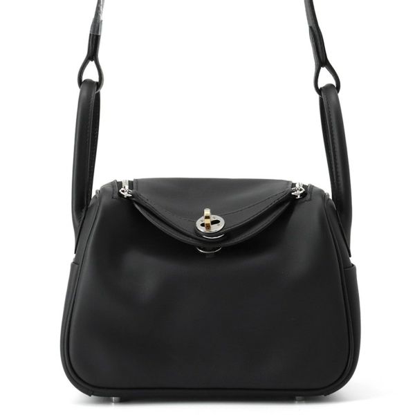 エルメス ハンドバッグ リンディ ミニ ブラック/エレクトラム金具 スイフト K刻印 2wayショルダー 黒