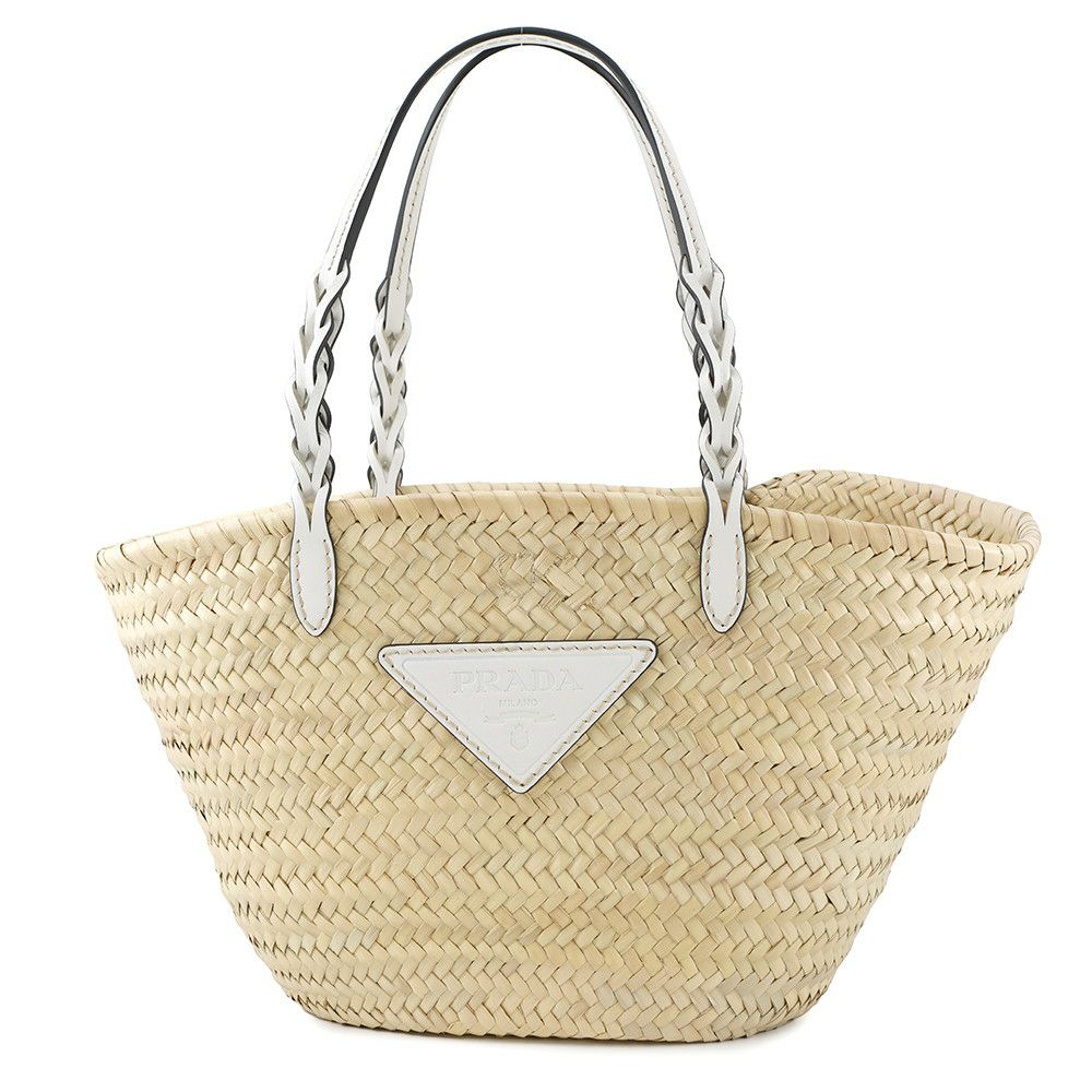プラダ トートバッグ ウーブンパーム トライアングルロゴ かごバッグ ストロー レザー 1BG314 PRADA 白