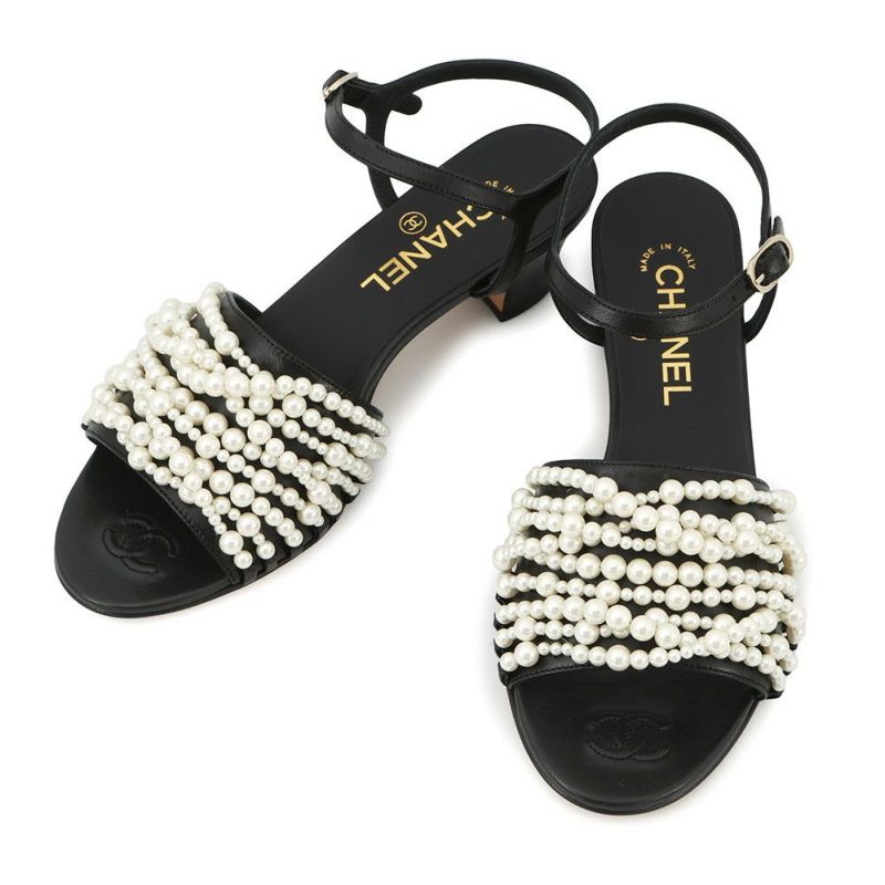 シャネル サンダル ココマーク ヒールサンダル フェイクパール レザー レディースサイズ38C G32699 靴 黒