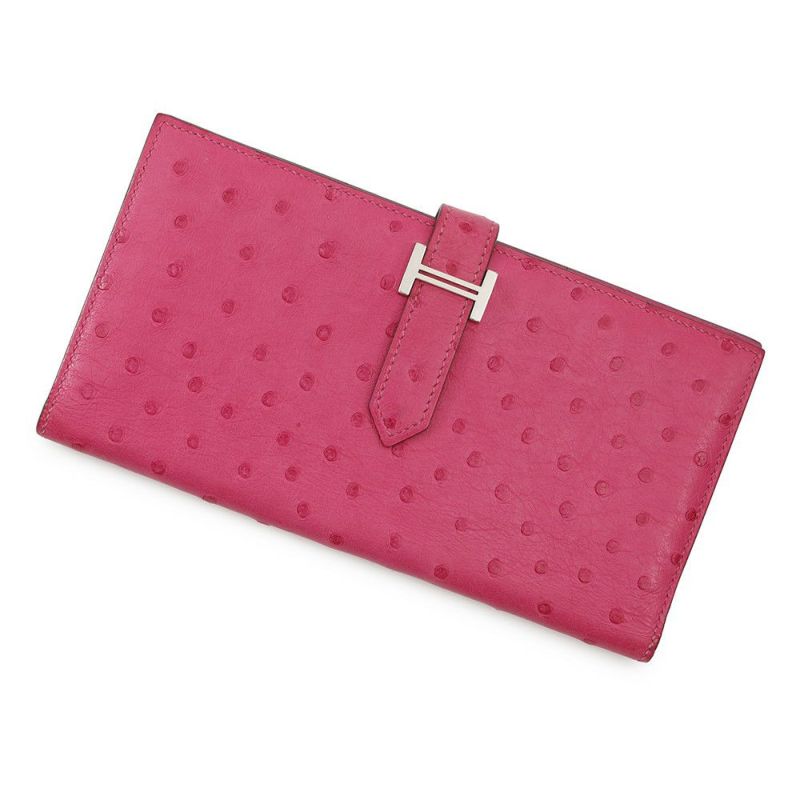 エルメス 長財布 ベアンスフレ マチ有り ローズティリアン/シルバー金具 オーストリッチ Y刻印 HERMES 財布