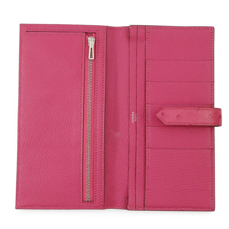 エルメス 長財布 ベアンスフレ マチ有り ローズティリアン/シルバー金具 オーストリッチ Y刻印 HERMES 財布