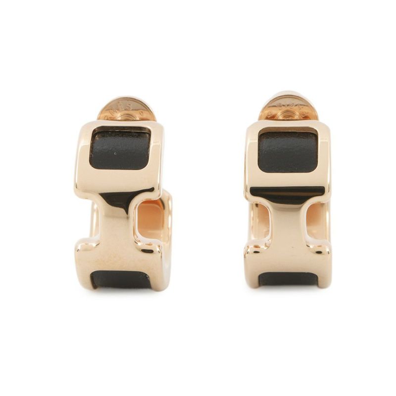 エルメス ピアス オランプPM ブラック/ピンクゴールド金具 ボックスカーフ HERMES アクセサリー 黒