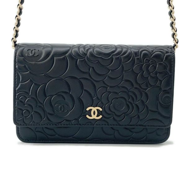 シャネル チェーンウォレット カメリア ココマーク ラムスキン A47421 CHANEL 財布 黒