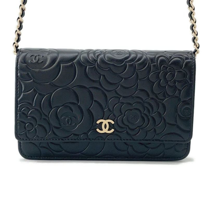 シャネル チェーンウォレット カメリア ココマーク ラムスキン A47421 CHANEL 財布 黒