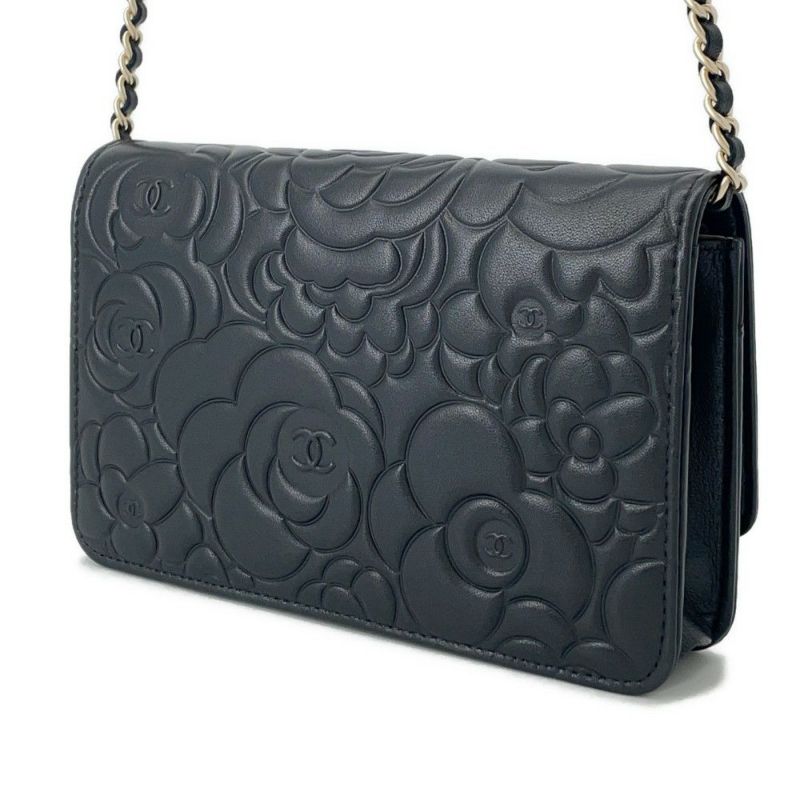 シャネル チェーンウォレット カメリア ココマーク ラムスキン A47421 CHANEL 財布 黒