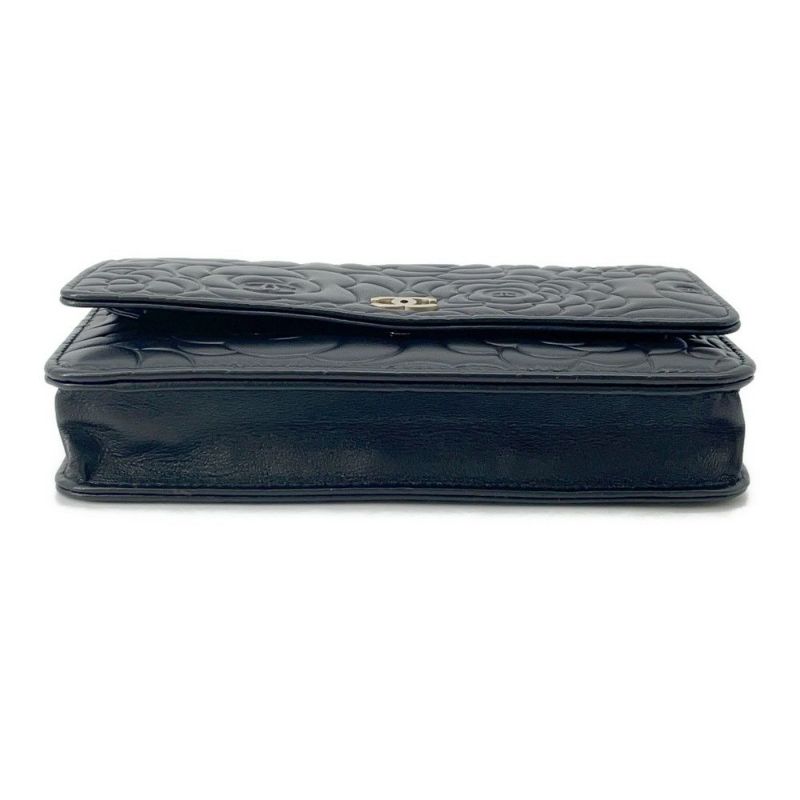 シャネル チェーンウォレット カメリア ココマーク ラムスキン A47421 CHANEL 財布 黒