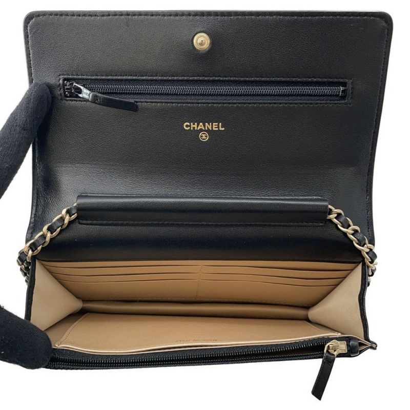 シャネル チェーンウォレット カメリア ココマーク ラムスキン A47421 CHANEL 財布 黒