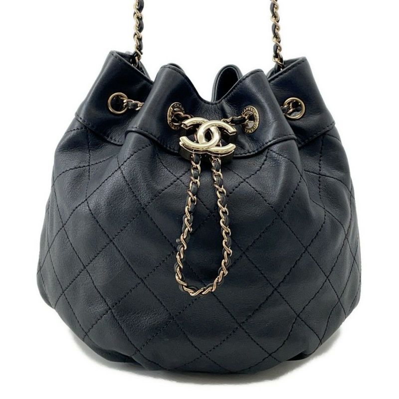 シャネル チェーンショルダーバッグ ココマーク マトラッセ 巾着 ラムスキン AS1439 CHANEL 黒