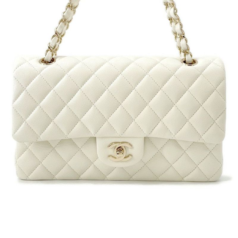 シャネル チェーンショルダーバッグ マトラッセ25 ココマーク ダブルチェーン キャビアスキン A01112 CHANEL 白