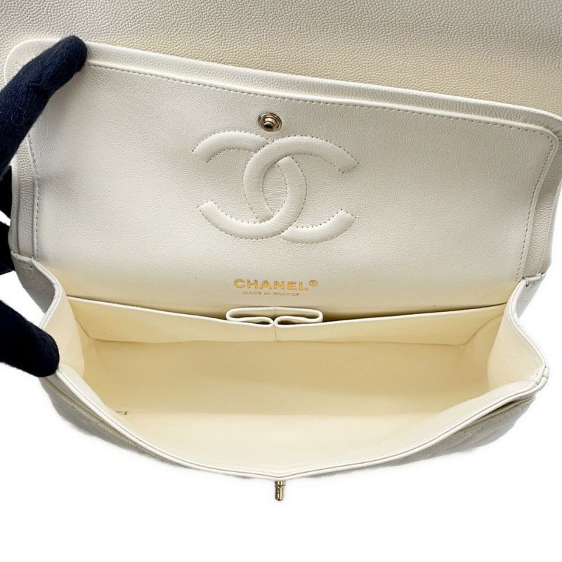 シャネル チェーンショルダーバッグ マトラッセ25 ココマーク ダブルチェーン キャビアスキン A01112 CHANEL 白