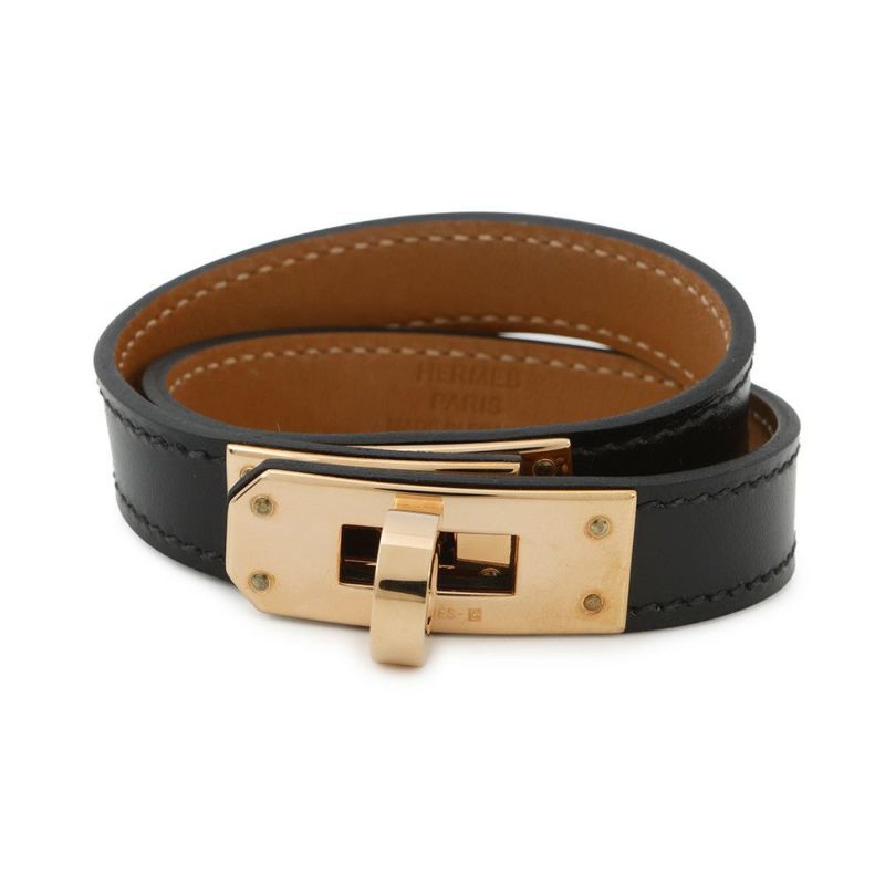 エルメス ブレスレット ケリー ドゥブルトゥール ブラック/ピンクゴールド金具 ボックスカーフ B刻印 黒