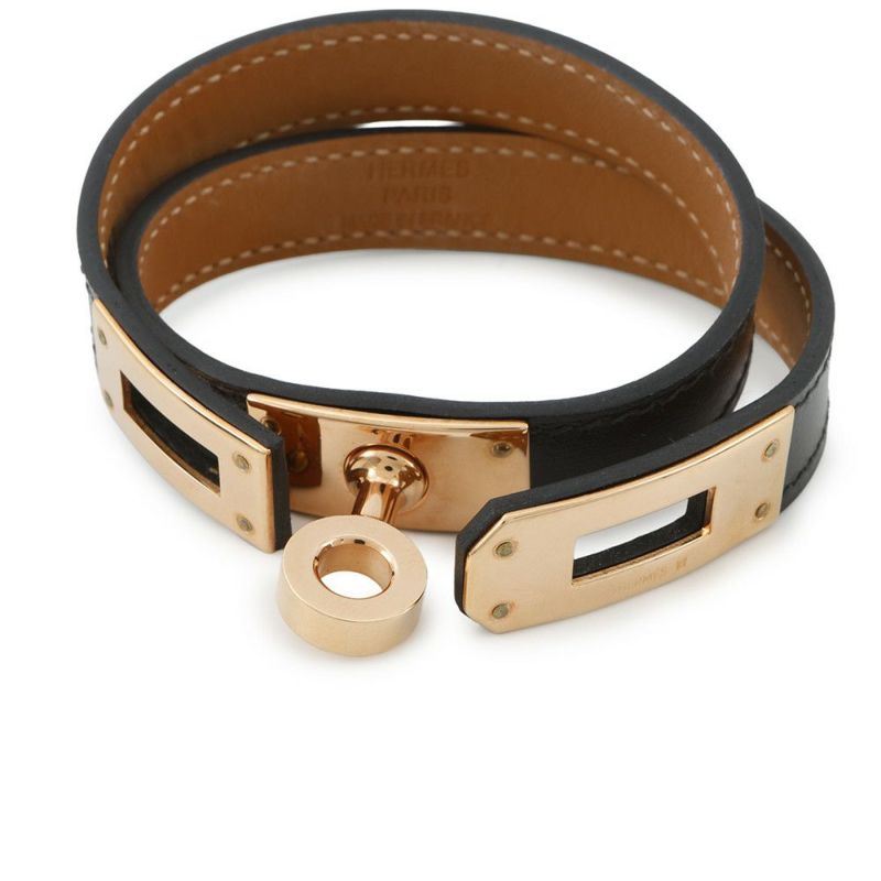 エルメス ブレスレット ケリー ドゥブルトゥール ブラック/ピンクゴールド金具 ボックスカーフ B刻印 黒