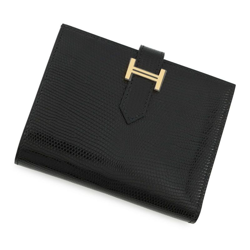 エルメス 二つ折り財布 ベアンコンパクト ブラック/ゴールド金具 リザード W刻印 黒