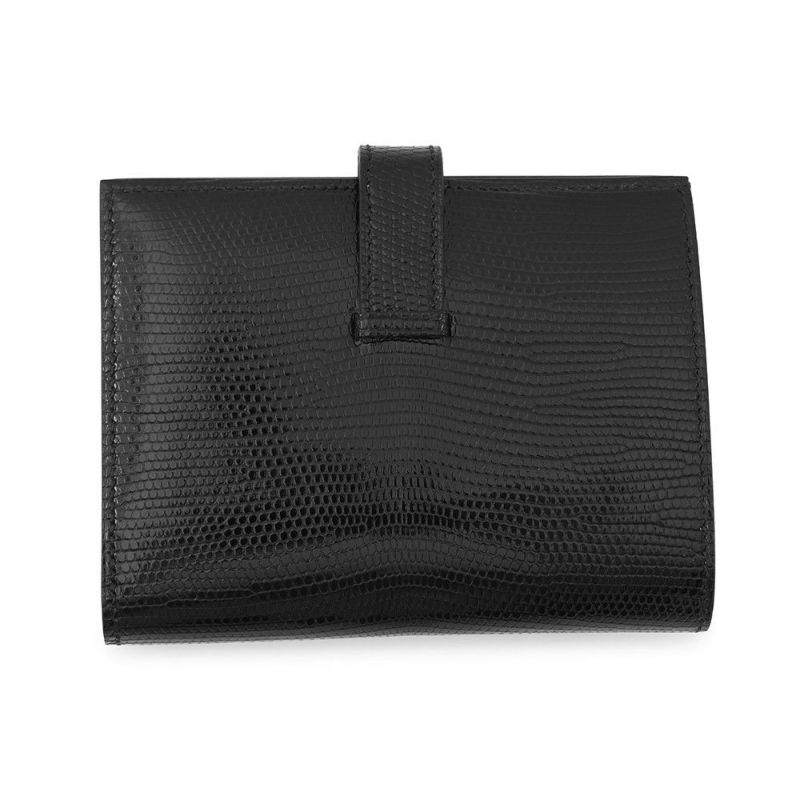 エルメス 二つ折り財布 ベアンコンパクト ブラック/ゴールド金具 リザード W刻印 黒